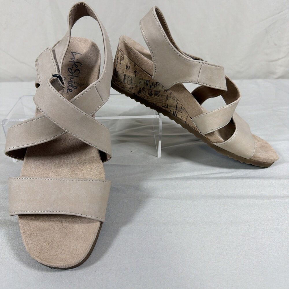 LifeStride Velocity 2.0 Womens 10M Beige Cork Wedge Strappy Sandals Comfort